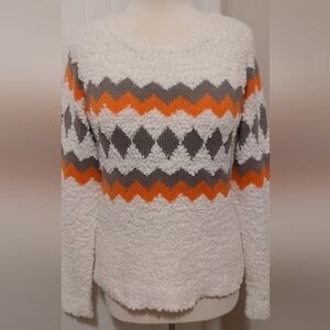 Arizona Jean Co Cozy Chevron Knit Sweater - White, Gray, and Coral Sz Med